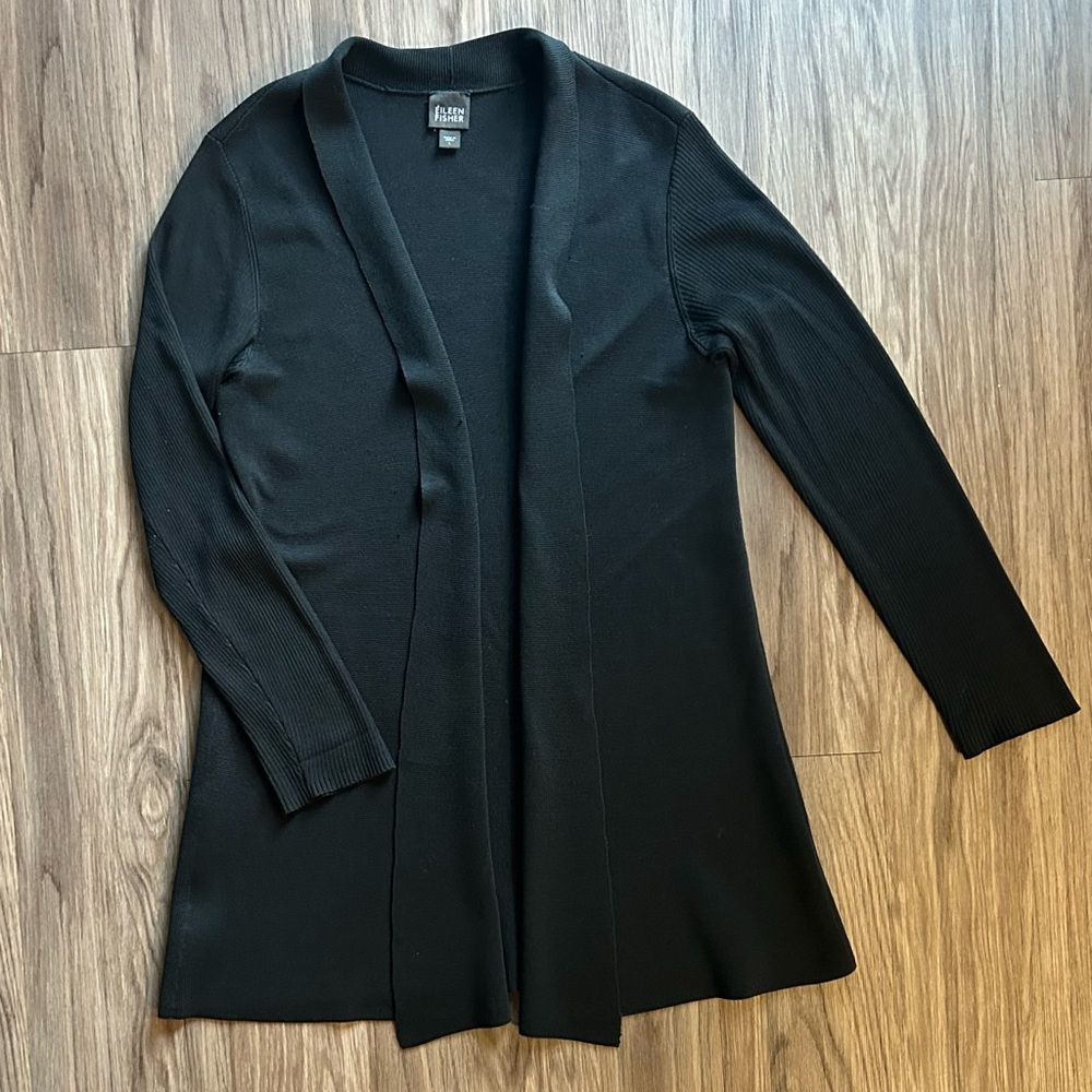 Eileen Fisher Black Silk Cotton Blend Long Cardigan Sweater